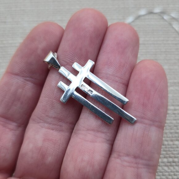 18 Inch Sterling Silver Bright Triple Cross Pendant Necklace A5960 - Picture 4 of 7